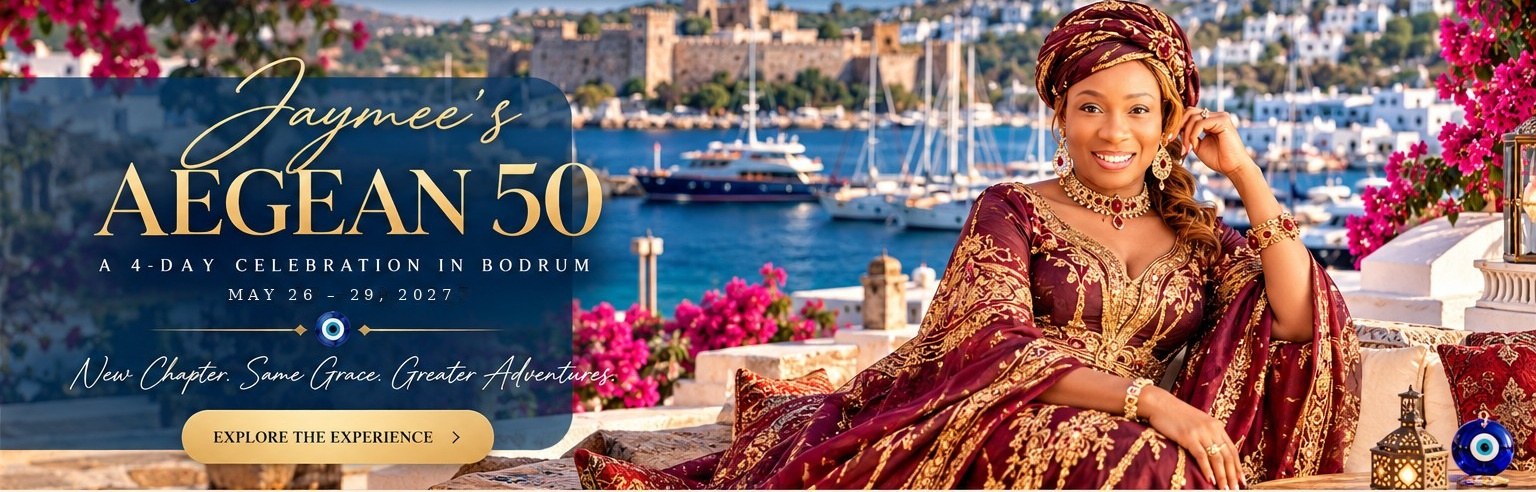 Jaymee in burgundy and gold at Bodrum marina, with gold Jaymee’s Aegean 50 lettering, and May 26–29, 2027 celebration details