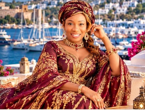 Jaymee in burgundy and gold attire on Bodrum’s marina waterfront