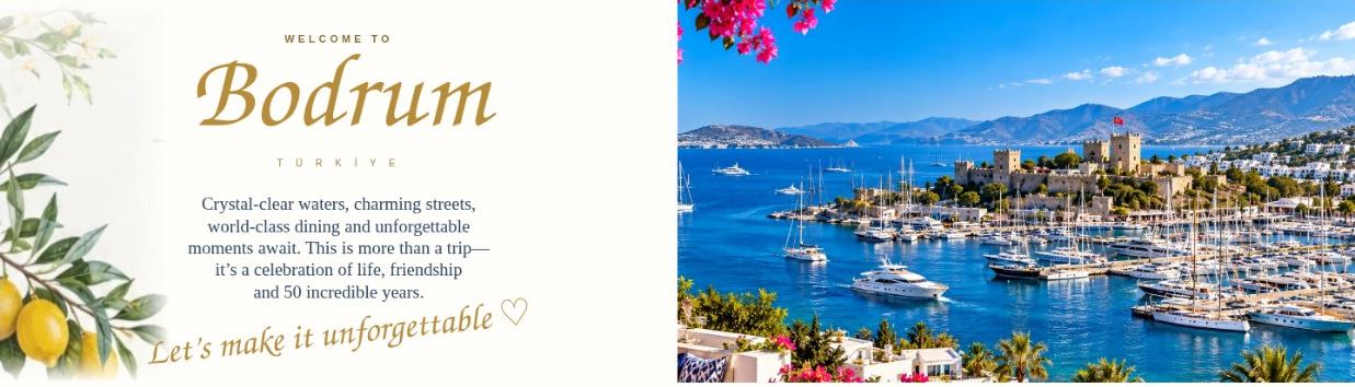 Welcome to Bodrum — crystal-clear waters, charming streets, world-class dining and unforgettable moments await. Let’s make it unforgettable! A beautiful luxury marina with yachts and flowers.