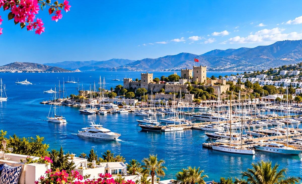 Luxury Bodrum marina with castle, yachts, and brilliant blue Aegean water
