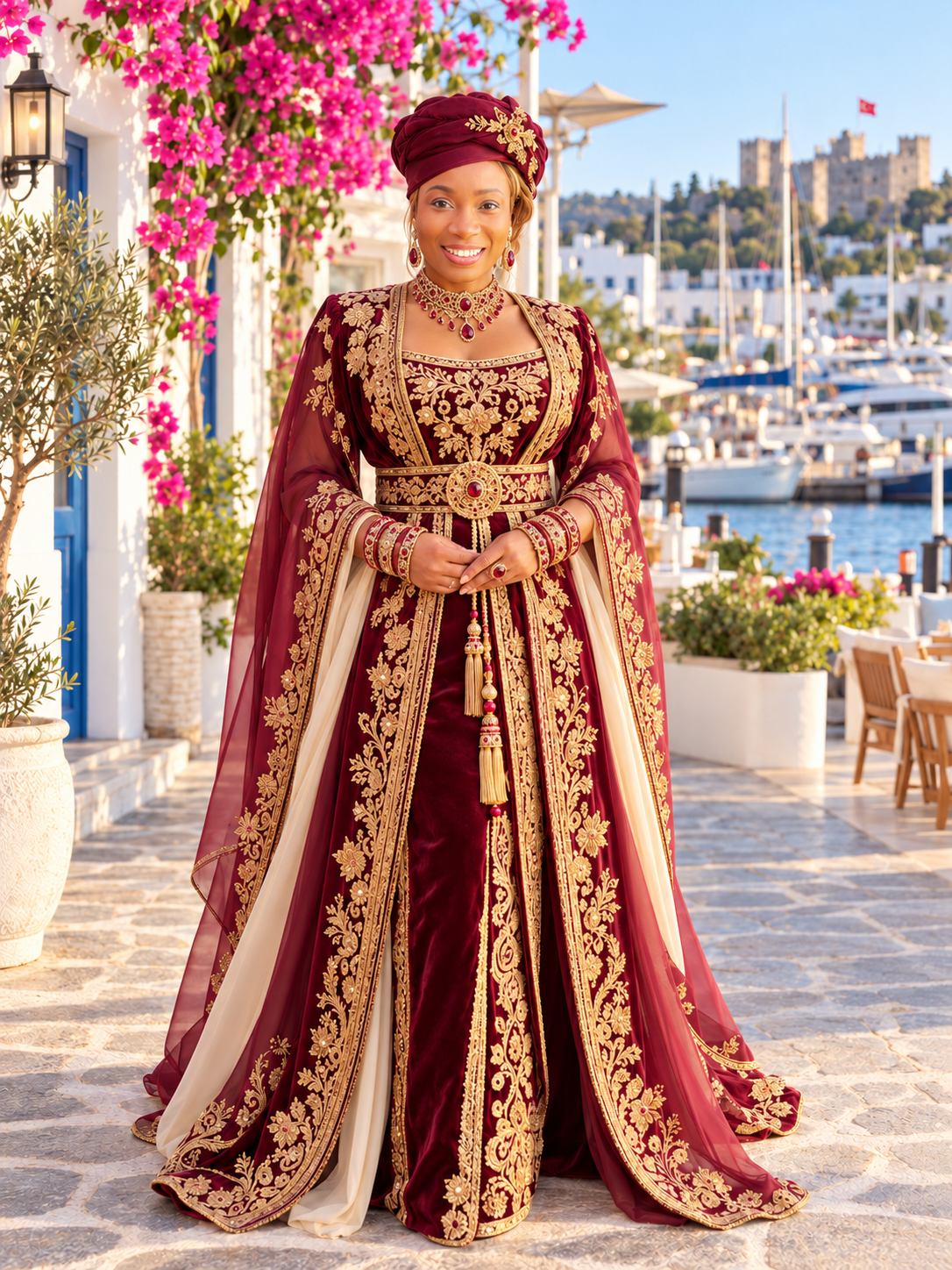 Jaymee in a refined Turkish-inspired portrait at the Bodrum marina