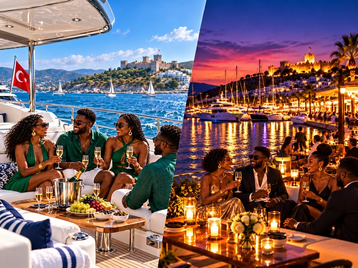 Evening waterfront marina lounge and yachts
